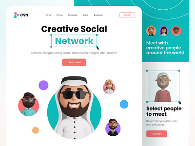 Web Design - Creative Social Network 3d avatar blurred background design funny illustration landingpage social network socialmedia ui ux website