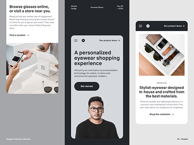 Optical Eyewear - Mobile Explorations branding clean ecommerce eyewear fashion glasses hero homepage landing page layout minimal mobile modern design online store photography responsive design shop sunglasses typography uiux