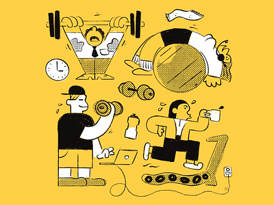 Workplace Gym character clock coffee conference exercise gym illustration laptop meeting muscles office office space sweaty towel treadmill water bottle weights workout workplace zoom