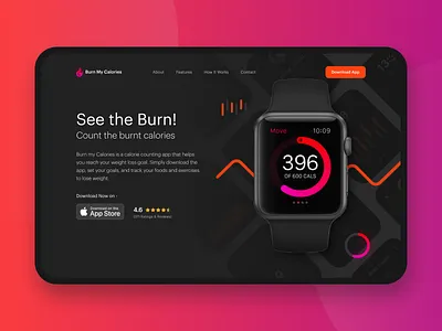 Burn your calories - Fitness App Hero section app landing page branding calories dailyui dailyuichallenge dark ui fitness fitness app fitness tracker gradient health app herosection landing page minimal ui ui design uichallenge uidesign uiux website concept