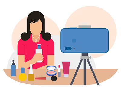 Female doing product review illustration. blogger capturing female lifestyle mobile phone product product review product unboxing recording recording video shooting shooting video smartphone technology tripod unboxing vlog vlogging volgger