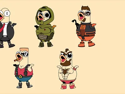 Gaming Male Ducks cartoon illustration doom ducks duke nukem gaming gordon freeman half life hitman illustrator inflat course stylized vector zangief