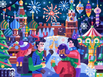 New Year Eve in Moscow christmas coloring book coloring page concept fireworks flat design flatdesign friends game design gaming illustration kremlin moscow new year new years eve puzzles russia vector winter xmas