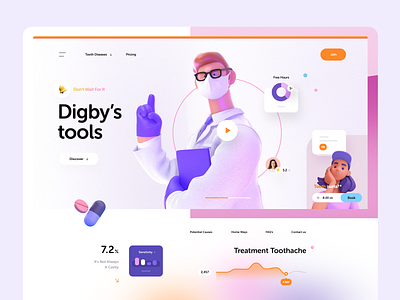 Digby's Tools, Dentist 🩺 3d 3d illustration concept covid19 dentist design digby doctor gradient hero header jakubowski landingpage onepage poland ui ui design ux ux design web webdesign