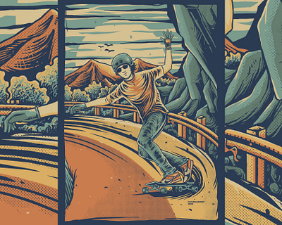 Keep Rolling Keep Pumping comission design downhill handdrawn illustration longboard nature outdoor skateboard skateboarding tshirt design vintage vintage design