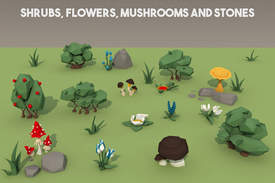 Free Shrubs Flowers and Mushrooms 3D Low Poly Pack 3d 3d art flowers game assets gamedev low poly low poly lowpoly lowpolyart shrubs