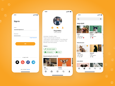 Pet Lovers App animals card design catalog clean ui ios app iphone 11 iphone app design labels login minimalism mobile app mobile app design pet profile screen sign in user profile volunteer white ui