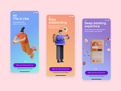 Like - digital banking onboarding 3d app bank app banking colorful design ecommerce gradient graphic illustraion logo onboarding paste store typography ui ux walkthrough