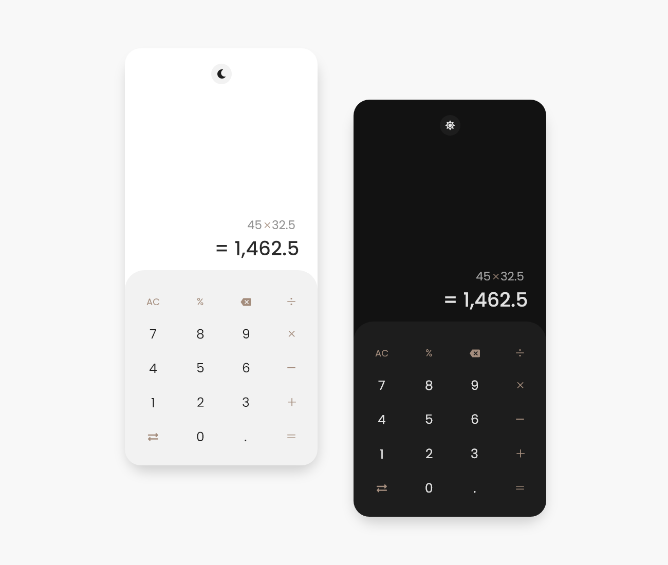 Example of Calculator design - dark/light mode