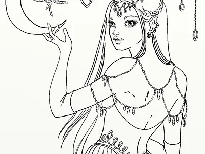 Moon elfish princess beautiful girl coloring illustration decorative elf elf princess fairies fairy fairy art fairytale girl heart line art long hair moon moons necklace princess