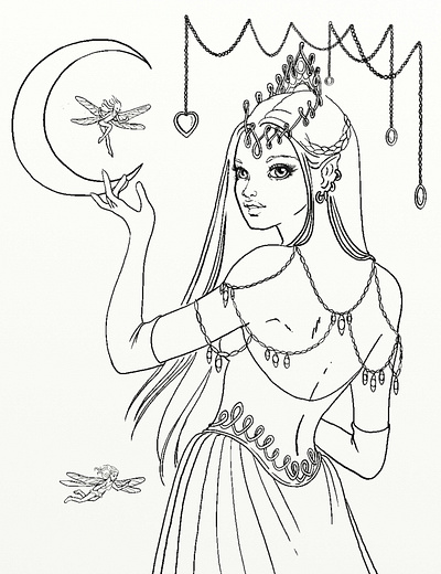 Moon elfish princess beautiful girl coloring illustration decorative elf elf princess fairies fairy fairy art fairytale girl heart line art long hair moon moons necklace princess
