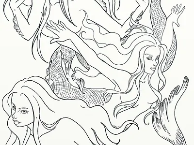 Mermaids beautiful girl black and white ilustration coloring illustration fairy tales fantasy fantasyart folklore girl illustration line art long hair mermaid mermaid art sea sea art tradition