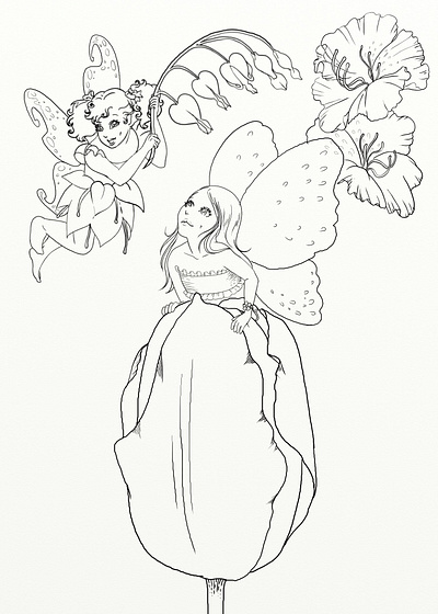 Fairy sisters butterfly coloring illustration fairy fairy art fairytale fantasy fantasyart flowers line art tulip wings