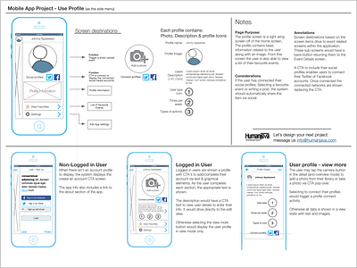 Wire/Sketch - User Profile(s) in Multiple states annotations hamburger menu mobile mobile app mobile app design user profile ux wireframes