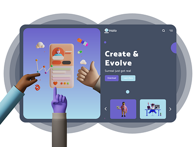 Create And Evolve Landing Page UI Design - Dark Mode 3d 3d art 3d illustration adobe xd blender clean colors design halo hero section illustration landing page design madebyjibrily madewithadobexd render ui uidesign web webdesign website