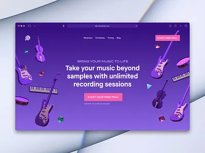 Musiversal in 3D 3d branding c4d drums guitar homepage instruments landing marketing marketplace music musiversal pricing recording studio typography web design