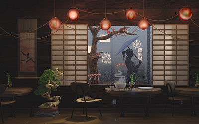 3D “Noodles on a Rainy Day” 3d 3d illustration bamboo blender cafe japan japanese lanterns rain ramen render volumetrics