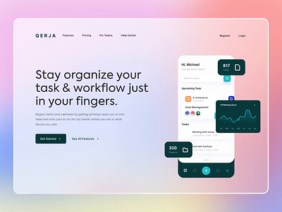 QERJA - Task Manager animation clean design elegant glass homepage inspiration landing page landing page design light minimal minimalist saas landing page simple task manager trend ui web design website