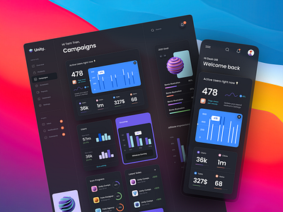 Unity Dashboard Kit – Dark mode 3d 3d illustration analytics app big sur card chart dark mode dark theme dashboard dashboard kit illustration mobile ui ui dashboard ui design ux ux design web web app