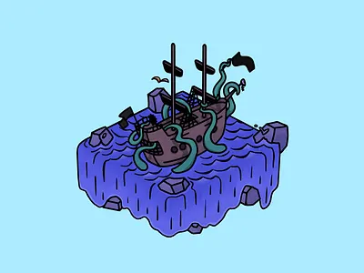 big ship — big kraken 90s cartoon arg attack boat illustration kraken ocean parot pirates rocks ship squid