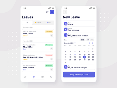 Leave Request - Attendance Management • iOS App Design app attendance calendar calendar ui cards ui form form design form fields interface ios ios app design ios14 list view management management app management system mobile app mobile app design ui uiuxdesign