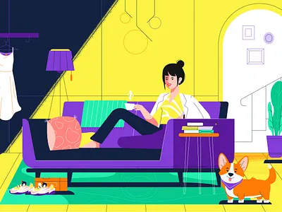 Snapio || Want. Tap. Get. character design check out coffee contextual shopping corgi e commerce explainer finance home living room modern interior online shopping panic studio payment system saas startup