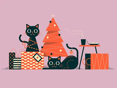 Happy Holidays cats character christmas christmas tree design illustration vector