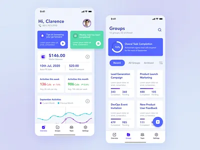 CRM App app calling app completion crm crm dashboard dashboard design groups interaction interface ios menu minimal mobileapp stats tasks ui uiux ux