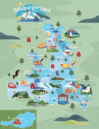 Map SalzburgerLand adobe illustrator adobe photoshop austria branding design editorial food map illustrated map illustratie illustration illustrator map of austria salzburgerland vector