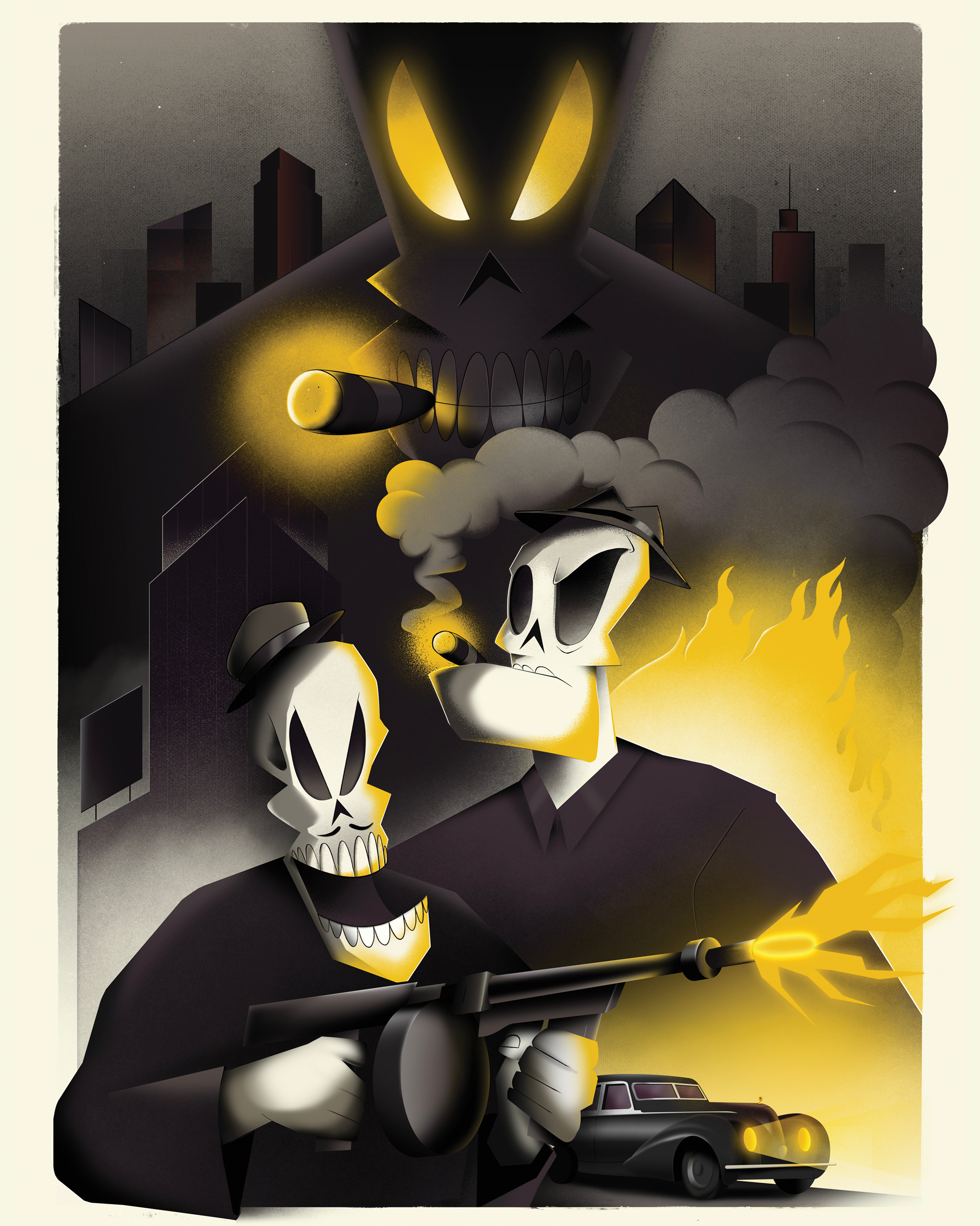 Grim Mafioso character design city day of the dead dead evil film noir florian farhay game game poster gangster grim fandango gun lucasarts maffia movie poster poster skull skull character skulls smoke