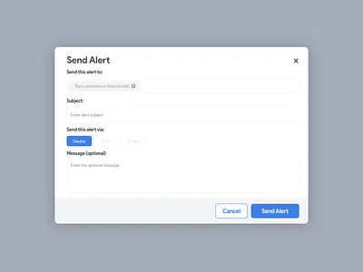 Field Tracking App - Send Alert Modal alert alerts assets clean ui design email field monitoring field tracking minimal modal modals monitoring operation sketch sms tracking tracking app ui ux web app