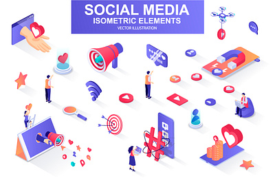 Social Media Isometric Elements 3d app character concept design elements flat icon isolated isometric isometry kit like media mobile network people project social vector
