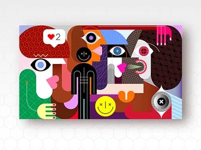 Group of People and Smiling Man Sign abstract art conversation emoji emotion emotional face facial expression fine art group illustration man meet people portrait smile smiley smiling talk woman