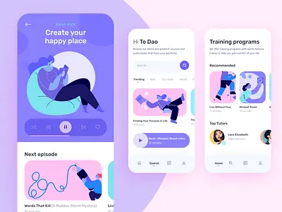 Personal Growth Application conceptual design app audio character course online ilabs illustration mobile online course product design program training ui