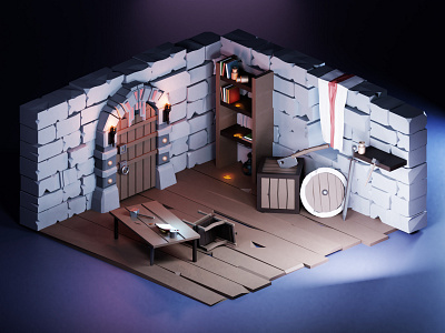 room with a magic book blender castle design diorama dungeon house isometric lowpoly lowpolyart minimal