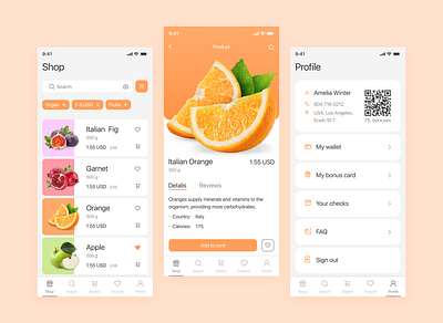 Online shop aplication app app design design fruits minimal mobile app mobile app design mobile ui orange spop ui ui ux