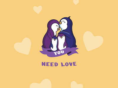 You need love. Digital greeting cards animal card cartoon character design family flat illustration kawaii lettering lineart love penguins postcard poster vector