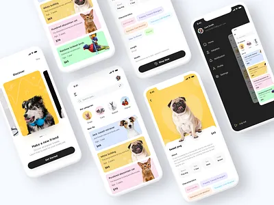 Pet mobile app design animal care animals app cat colors colorscheme concept design dog friend icons onbording parrot pets petshop shop sidemenu ui ux