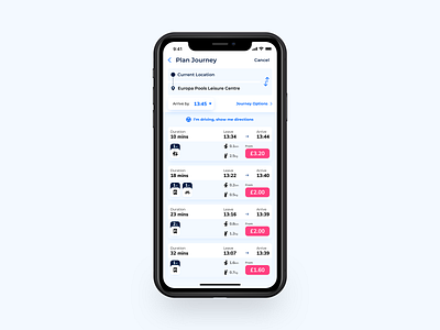 Journey Planning Options app clean design journey planning multi modal transport travel ui ux