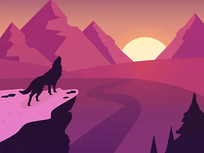 Sunset Landscapes design digital editorial editorial art editorial design editorial illustration illustration illustrator mountains photoshop pink pink and blue pinky print road sun texturing trees twilight zone wolf