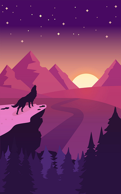 Sunset Landscapes design digital editorial editorial art editorial design editorial illustration illustration illustrator mountains photoshop pink pink and blue pinky print road sun texturing trees twilight zone wolf