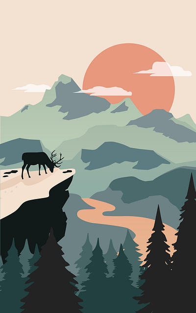 Sunset Landscapes animal art animals clouds deer deer logo design designer editorial editorial design grading green illustration illustration art mountains nature photoshop rocks sunlight twilight yellow