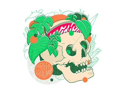 Green Thumb drawing green green thumb halftones illustration plants skull texture