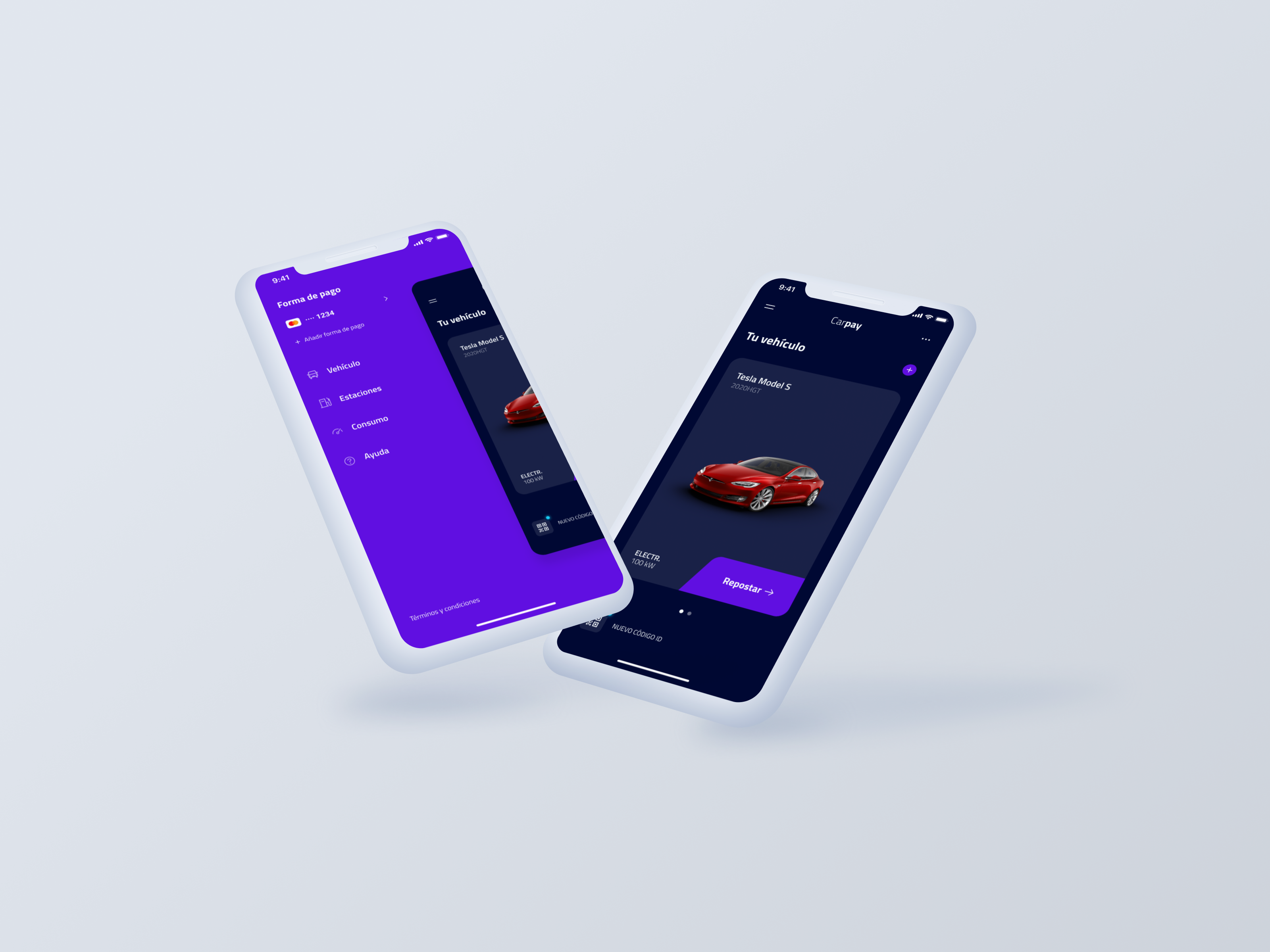Carpay app car design electricity fuel homepage menu payment product design recharge refuel tesla ui ux vehicle