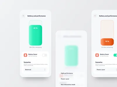 Battery and Performance Settings android app battery concept design illustration interaction interface ios light mobile perfomance power power saver saver scenarios settings switch ui ux