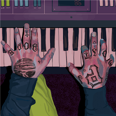 Mac's Hands album art album artwork album cover digital art digital illustration fanart hand tattoo hip hop hiphop illustration keyboard mac miller music observational illustration piano psychedelic rap rnb tattoo tattoos