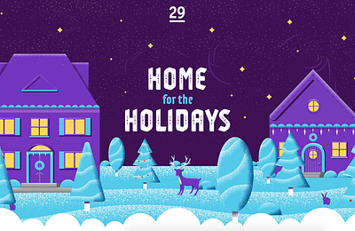 Home for the Holidays christmas christmas tree holidays holidayseason house illustration night purple reindeer snow stars texture winter wreath