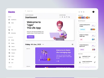 Gesto - Dashboard 3d 3d art 3d illustration 3d modeling dashboad design gesto home screen life app strap task management app task manager ui