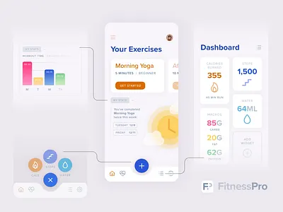 All-in-One Fitness Tracker App colorful dashboard exercise fitness flat floating action button graph interface morning nutrition ui yoga