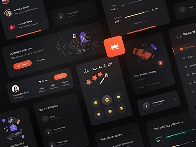 Podcast Dashboard Component design 🎧 activity application category chart component dark dashboard dashboard ui design design system emoji illustration kit minimal mobile music playlist podcast profile status